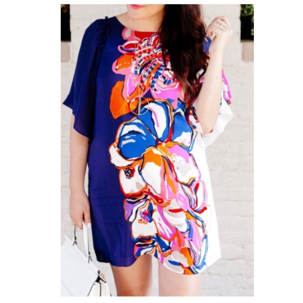 Anthropologie Maeve Vero Floral Silk Butterfly Sleeve Mini Shift Dress Size Med